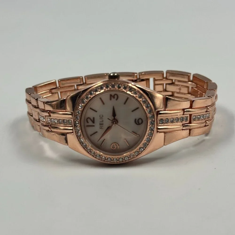 Relic Watch Women Rose Gold Tone Crystal Bezel 26MM Round New Battery 7 Inch